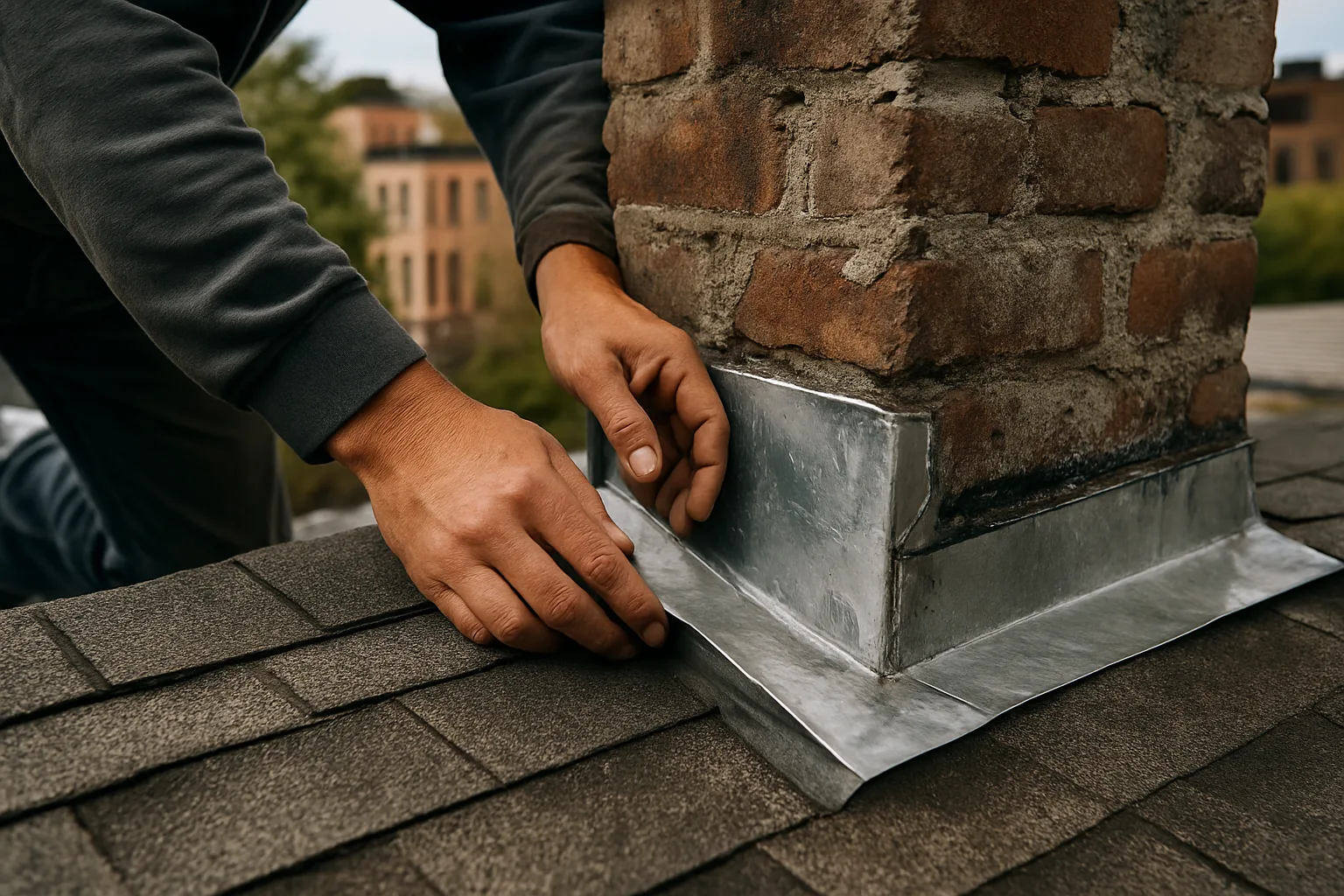 Detailed roof inspection work on chimney flashing